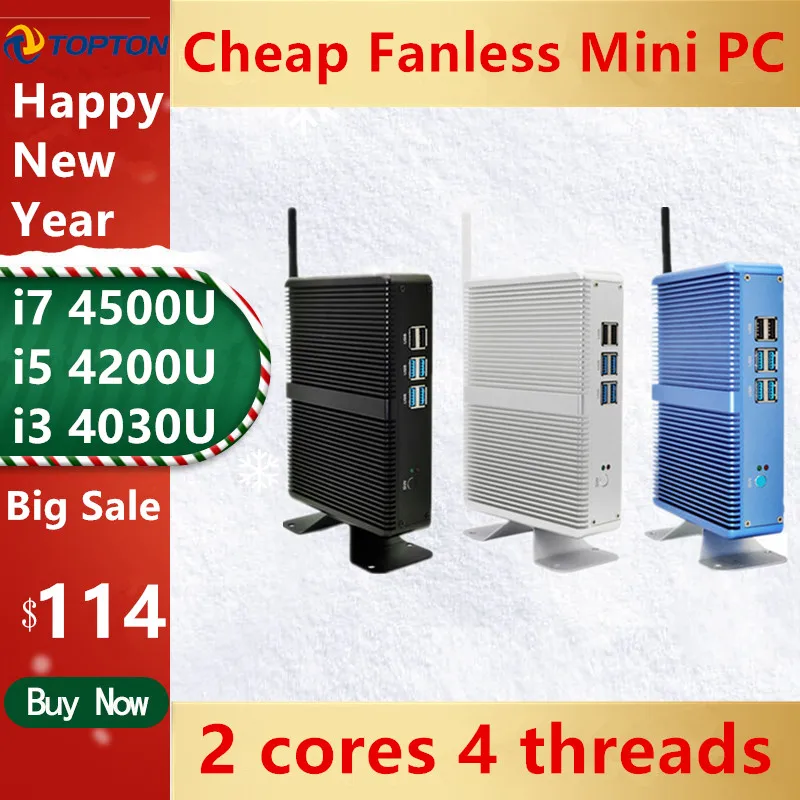 Topton недорогой безвентиляторный мини компьютер Windows 10 Intel i7 i5 i3 Barebone ПК 6 * USB Msata SSD 2 5