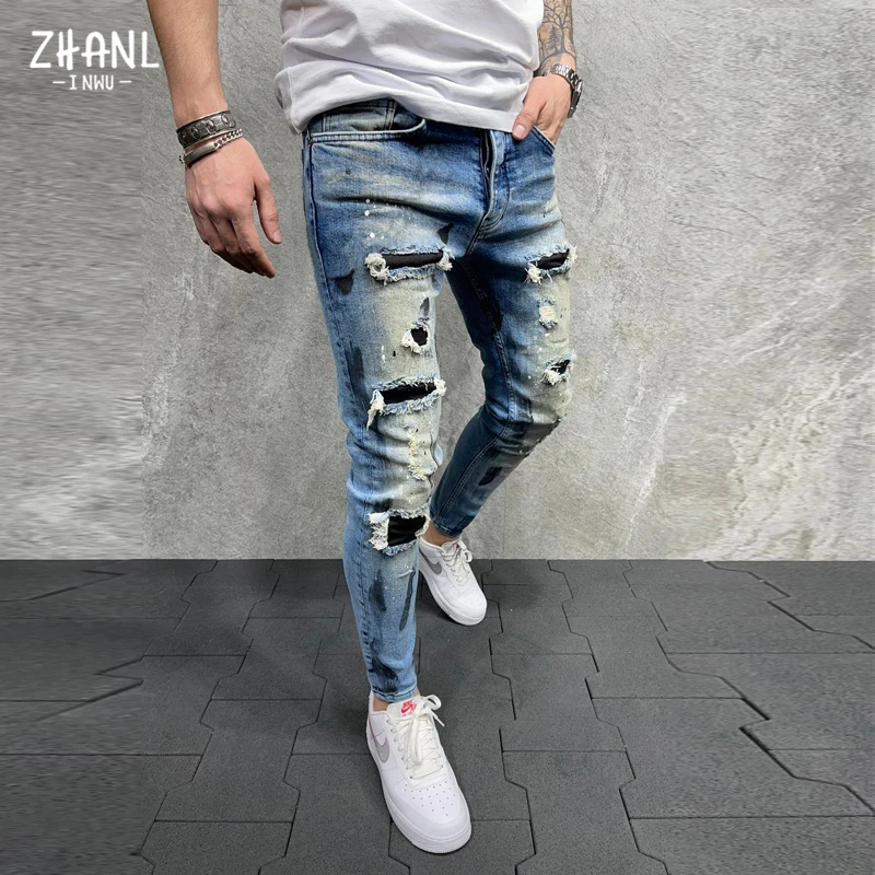 Men Clothing Street Fashion Jeans Skinny Slim fit Ripped Stretch Jeans Man Hole Patchwork Casual Jogging Denim Pencil Pants
