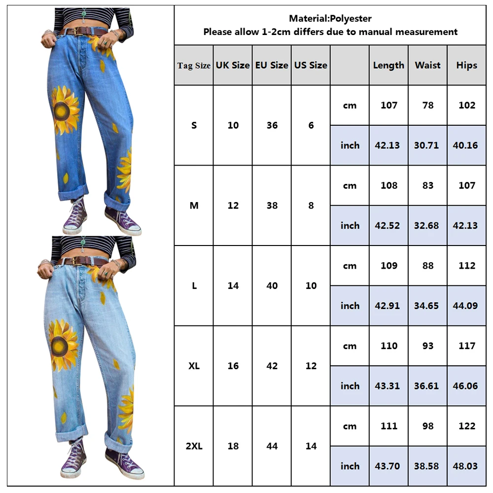Women Wide Leg Denim Jeans Big Floral Print Boyfriends Jeans Autumn Mid Waist Casual Jeans Femme High Street vaqueros mujer