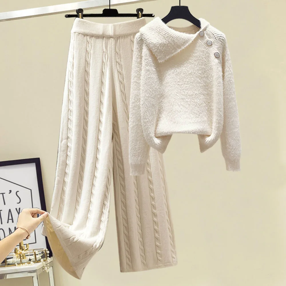 New Casual Knitted Suits Women Sweater Set Autumn Winter 2 Piece Warm Pullovers Sweaters + Wide Legs Pants Tracksuit |
