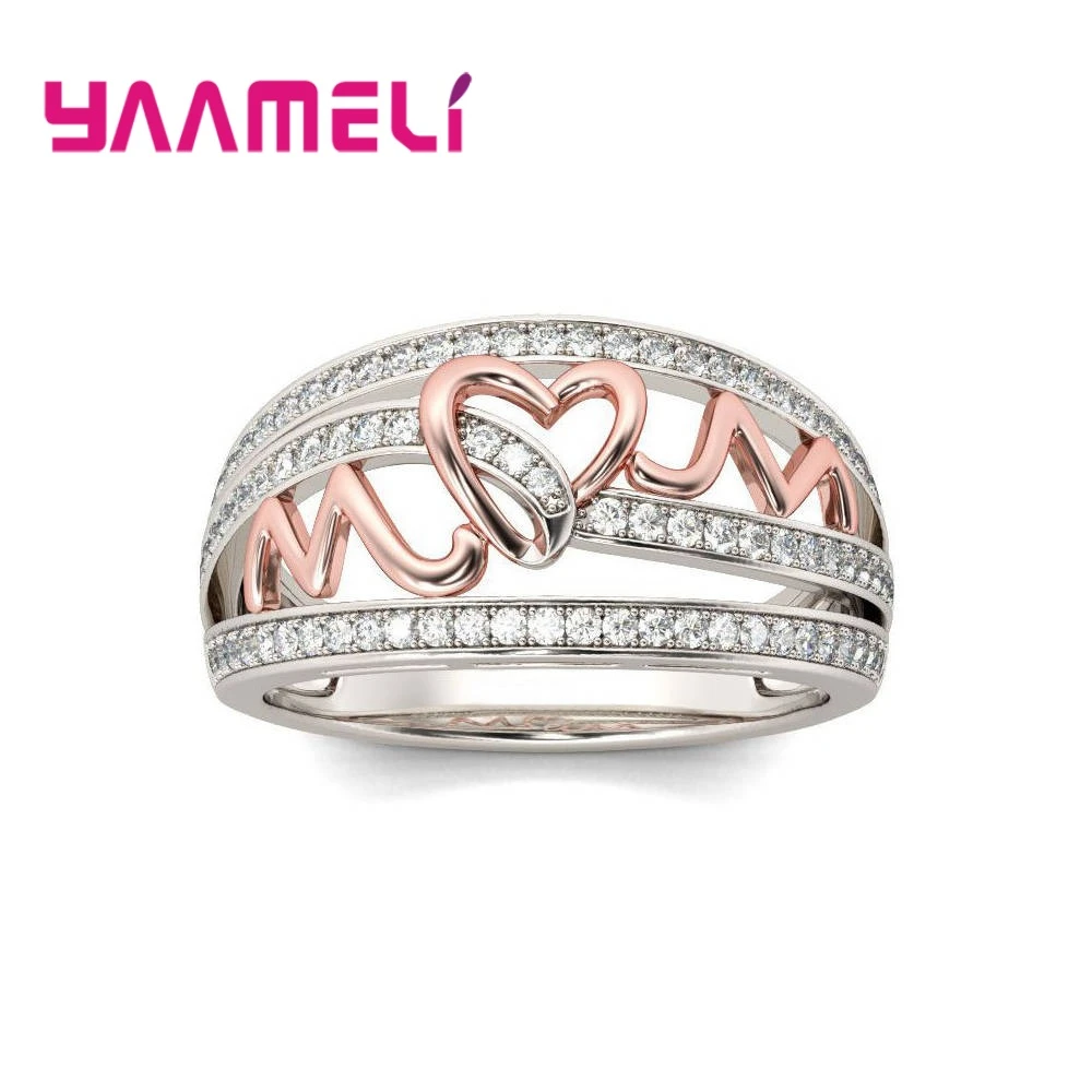 Anillos cristal con diseño de Pretty Love Mom para mujer, joyería de plata de ley 925, banda ahuecada regalo para el día de la madre| Anillos| - AliExpress