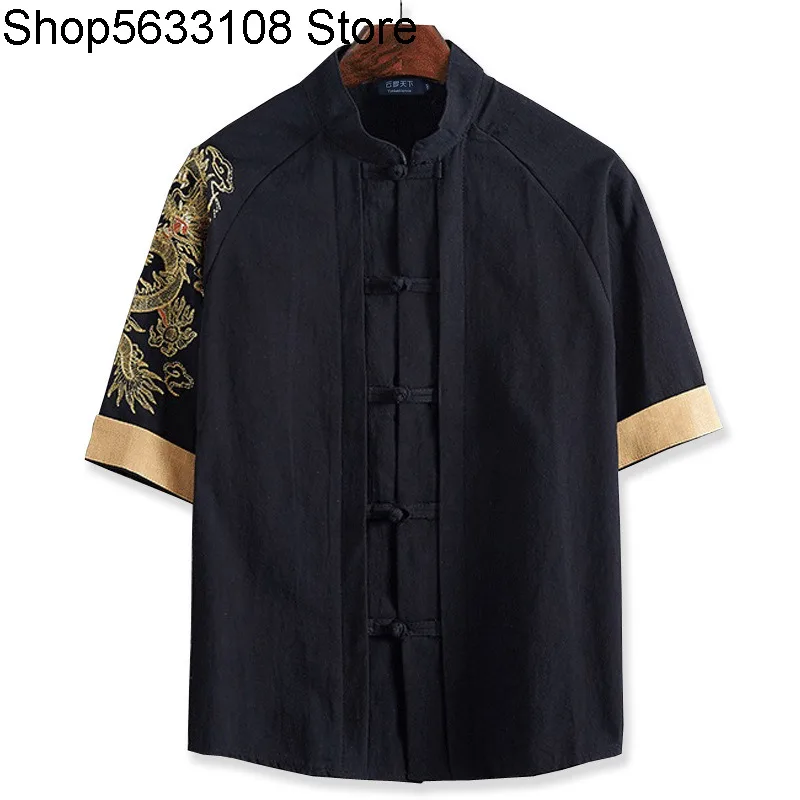 

China Ethnic Group Wind Men T Shirt Short Sleeve Li Collar Cardigan T-shirt Half Sleeve Tang Suit Plus Fat plus