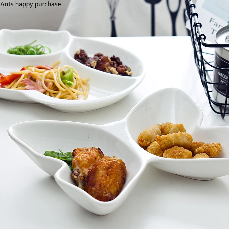 White Ceramics Dinner Plate Cartoon Tableware Cat Children's Dinner Plate Butterfly Multi-grid Bowl Dessert Nut Dried Fruit Dish