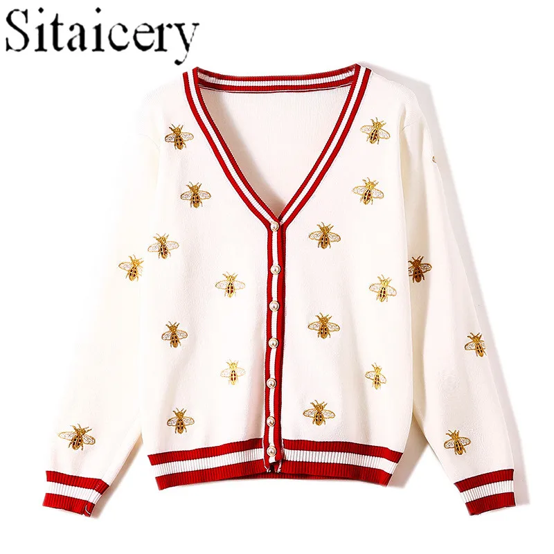 

Fashion Designer Bee Embroidery Knitted Cardigan Long sleeve Single Breasted Contrast Color Button Black White Women Sweaters
