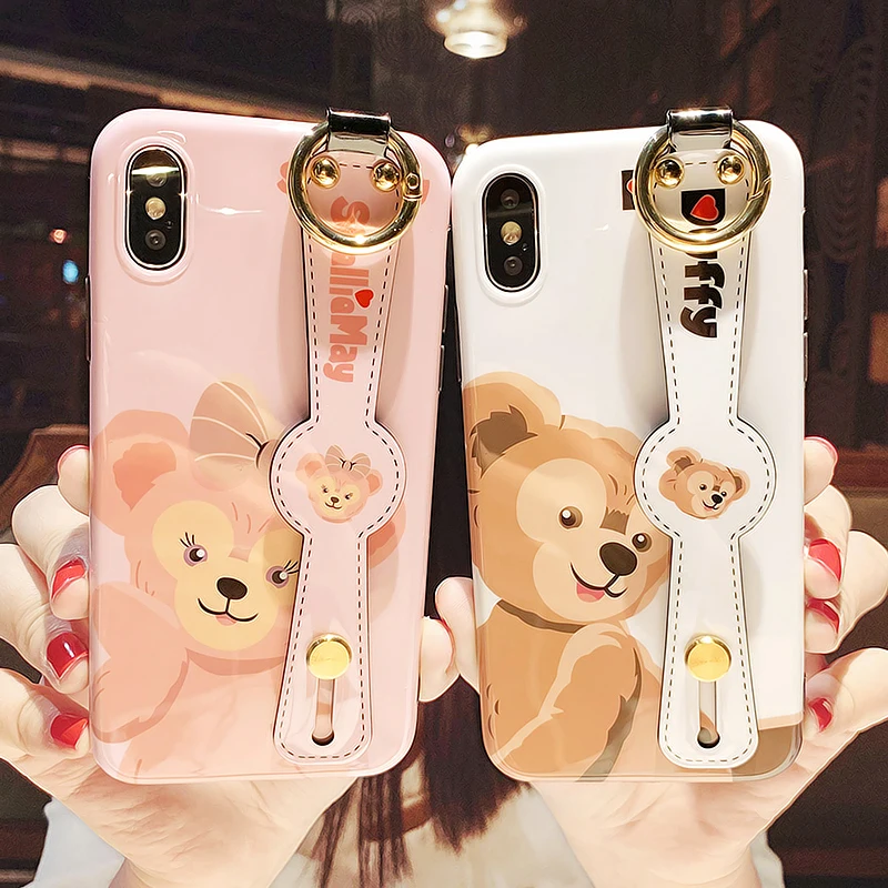 

Luxury Cartoon Cute Bear Kawaii Wrist Strap Case For iPhone X XR XS Max Silicone Cover Soft IMD Glossy Phone Holder Stand Cases