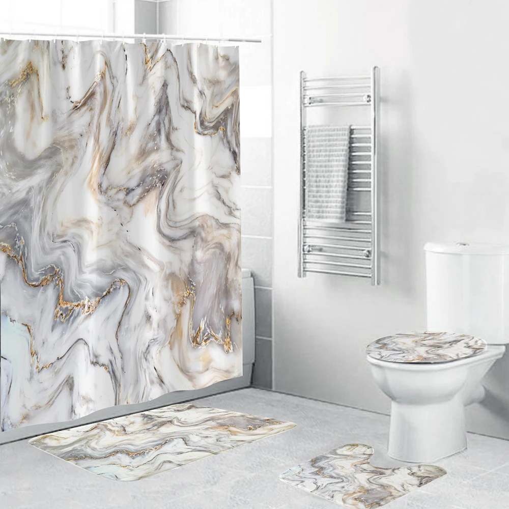 

4pc /set Marble Shower Curtain Sets With Non-slip Bathroom Rug,Toilet Lid Cover,Bath Mat,Durable Waterproof Bath Curtain
