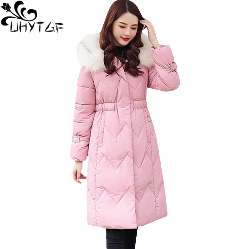 ##BUY UHYTGF 3XL Plus size Parker women Windproof warm long coat Fur collar hooded winter down jacket cotton coat Thicken Slim top 803