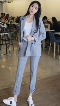

BornSra Work Fashion Pant Suits 2 Piece Set for Women Double Breasted Striped Blazer Jacket & Trouser Office Lady Suit 2019