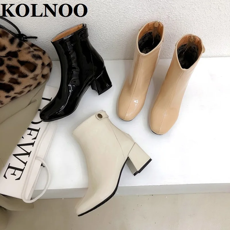 

Kolnoo New Style Handmade Ladies 6cm Thick Heel Boots Patent Leather Party Prom Ankle Boots Large Size 34-50 Fashion Black Shoes