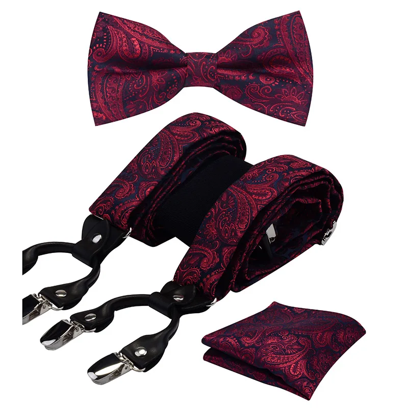 Ricnais 3 шт. Регулируемый эластичный Y Форма 6 зажимов подтяжки галстук-бабочка носовой платок набор мужской деловой Свадебный Пейсли набор - Цвет: A09