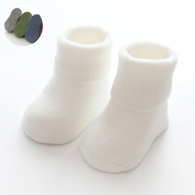 Носки для малышей Нескользящие Детские носки с резиновой подошвой для новорожденных девочек и мальчиков, плотные шерстяные носки-тапочки детские зимние теплые носки, От 0 до 3 лет - Цвет: White