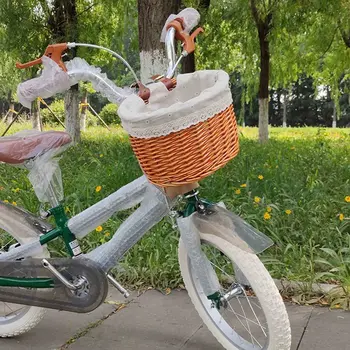 

Retro, handmade, wicker bike front basket with leather straps