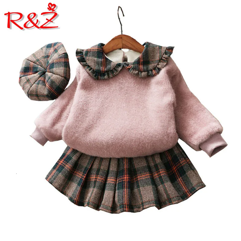 

R&Z Children's Suit 2019 Spring And Autumn New Korean Girls Cute Doll Beret Plush Shirt Plaid Skirt Girls Two-piece