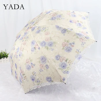 

YADA high quality Lace Flower Princess Umbrellas Rain uv Three Folding Umbrella For Women Windproof Umbrellas Female YS200199