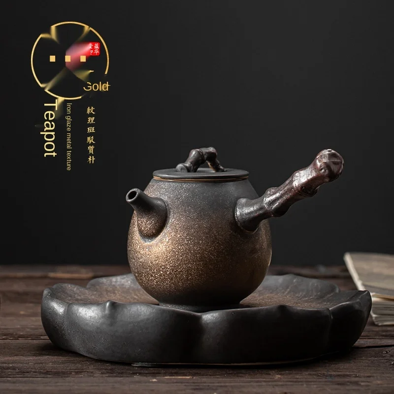 

Japanese Gilding Iron Glaze Side Handle Pot Retro Domestic Ceramic Single Pot Handlebar Little Teapot Kung Fu Tea Set Tea Kettle