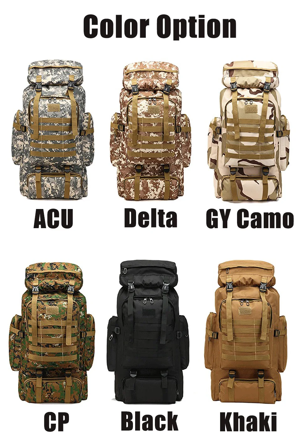  80L Waterproof Molle Camo Tactical Backpack Military Army Hiking Camping Backpack Travel Rucksack O