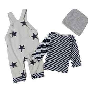 

New Fashion Winter Clothes Set CartoonStripe T-shirt Top Bib Pants Star pattern Overall Outfits