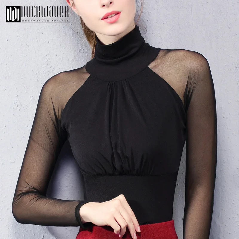 Duckwaver Women's Mesh Turtleneck Tops Solid Color Black Casual Shirt Tees Female Long-Sleeved Slim T-Shirt Top Basic Clothes