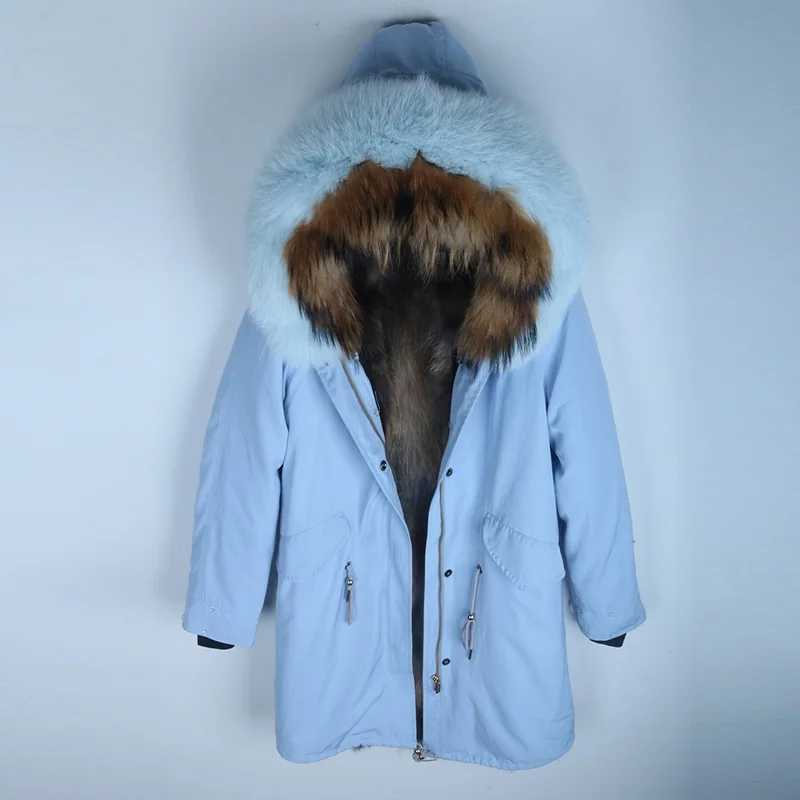 10 sky blue coat Новинка, теплое зимнее женское пальто, куртка с подкладкой из натурального меха енота, длинная парка с воротником из натурального Лисьего меха, модная Толстая куртка - Цвет: 10 sky blue coat