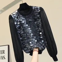 Большая с блестками женская блузка осень зима Корейская Свободная рубашка женская шифоновая блуза с длинным рукавом