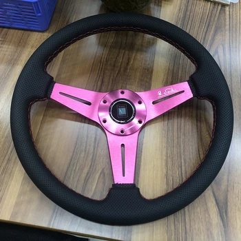 

14'' 350mm Pink Spoke Genuine Leather Rally Tuning Drift Racing Steering Wheel