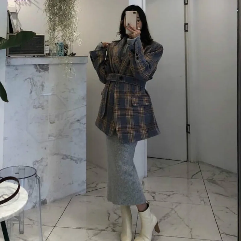 Neploe Chic Plaid Striped Single Breast Work Office Style Blazer Feminino Slim Waist Lace Up Turn Down Collar Long Sleeve Coat