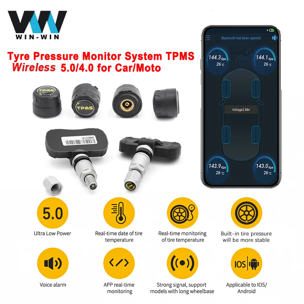 Tpms Wireless Bt5.0 Tyre Pressure Monitoring System Car Moto Alarm Auto