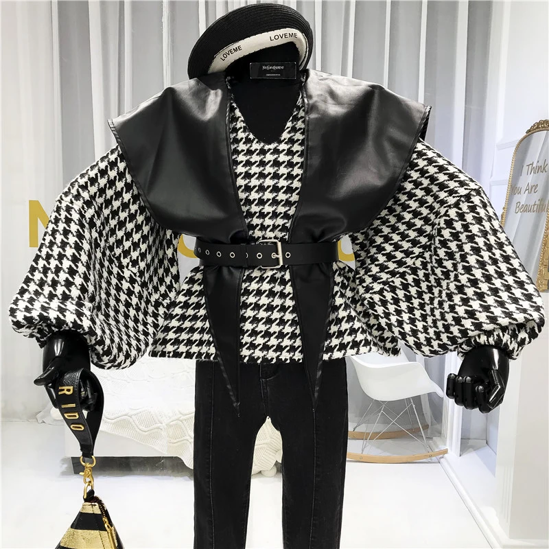 Дизайнерские твидовые Лоскутные женские пальто и куртки из искусственной кожи на шнуровке с v-образным вырезом и рукавами-фонариками свободные Abrigos Mujer Invierno