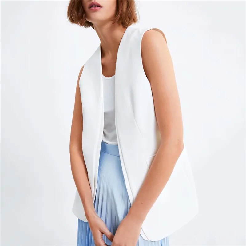 

Stylish white open stitch Double Breasted Waistcoat Women Sleeveless Pockets Office Lady Vest Outerwear Casual Chalecos Mujer