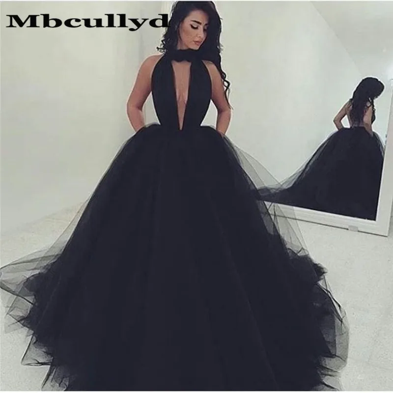 

Mbcullyd Sexy Halter Neck Long Prom Dresses 2019 Formal Backless Evening Dress Party Gown Black Tulle Vestido longo festa