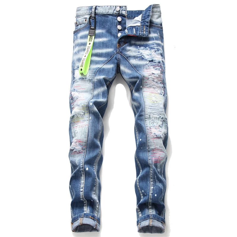 New Jeans Men's Bottom Denim Pants Blue Appliqué Patch Paint Ripped Holes Wild Maple Leaf Icon Personality work jeans