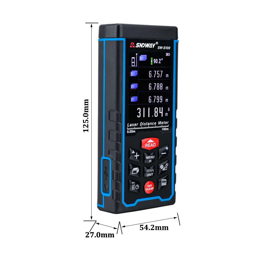 US $59.39 SNDWAY HighPrecision Digital Laser Rangefinder Color Display Rechargeabel 100m Laser Range Finder Distance Meters Tape Measure