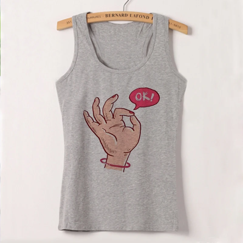 8284-gray Летние женские майки с принтом Ok Gesture, модные тонкие женские серые футболки без рукавов, повседневный свободный камзол, уличная одежда для женщин - Цвет: 8284-gray