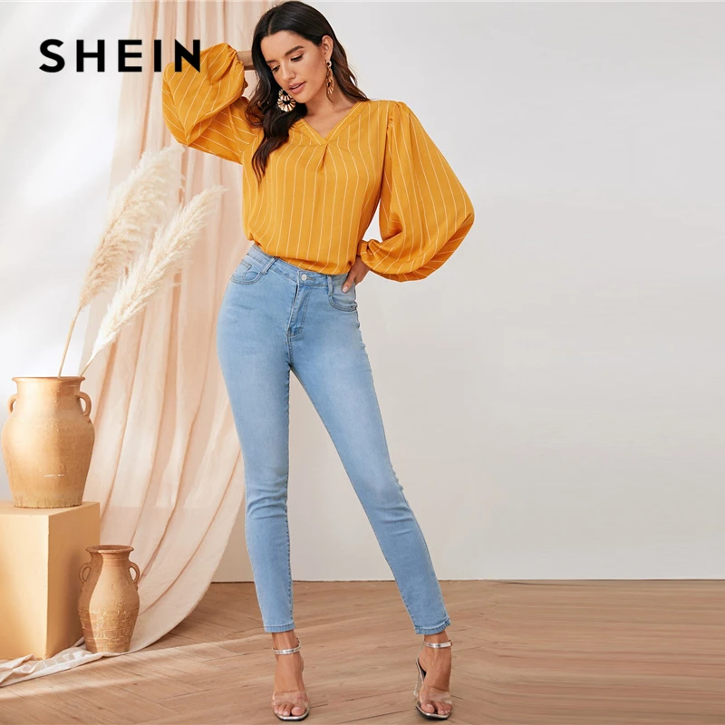 SHEIN Yellow V Neck Striped Autumn Elegant Blouse Top Women Spring Autumn Bishop Sleeve Office Ladies Basic Blouses