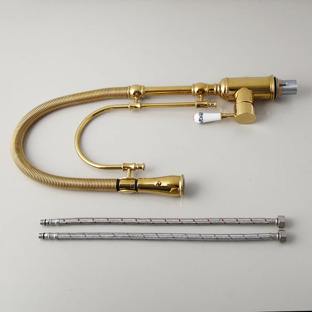 KEMAIDI Golden Spring Pull Down Kitchen Sink Faucet Hot & Cold Mixer Crane Tap with Dual Spout Deck Mounted Hot Cold Faucets kitchen faucets