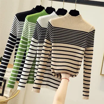 

Fashion Basic Sweater Women Autumn Winter Stripes Print Slim Long Sleeved Turtleneck Slim Bottom Knit Sweater