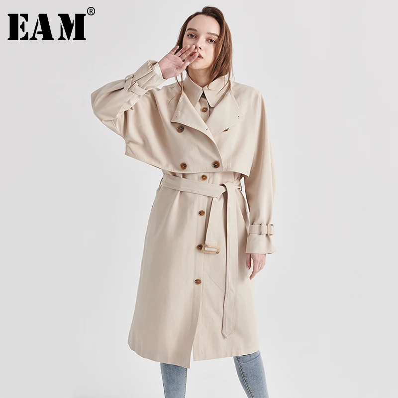 

[EAM] Women Double Breasted Aprciot Big Size Trench New Lapel Long Sleeve Loose Fit Windbreaker Fashion Tide Spring 2020 1S103