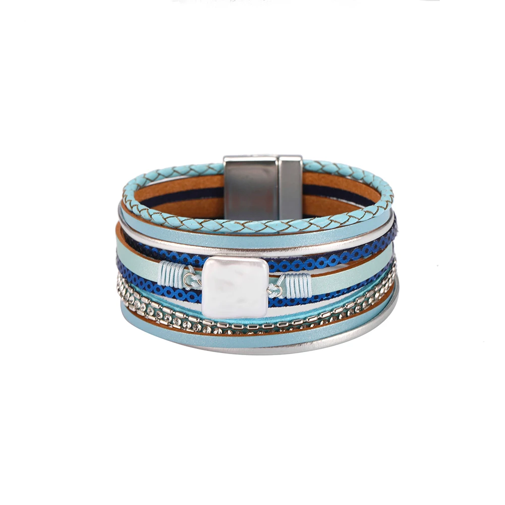 LIKGREAT, богемский тканый браслет, модные женские аксессуары, кожаный вощеный браслет, расшитый блестками, магнитная пряжка, браслеты-манжеты - Окраска металла: Blue