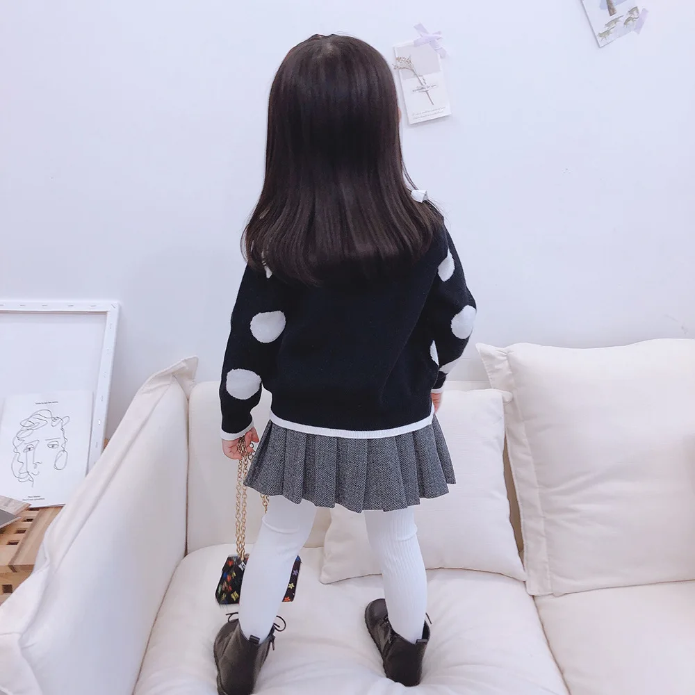 

2019 Autumn Clothing New Style Girls Korean-style Sweater Dotted V-neck Versitile Fashion Baby Girls Western Style Cardigan