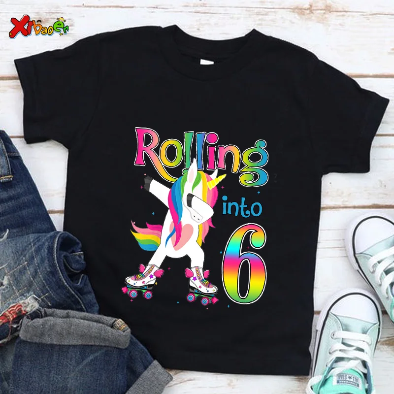 

Unicorn Birthday Girl Shirts Short Sleeve T Shirt Rolling Into 2 3 4 6 Year Kids Clothing Summer Girls Outfit Children Any Age