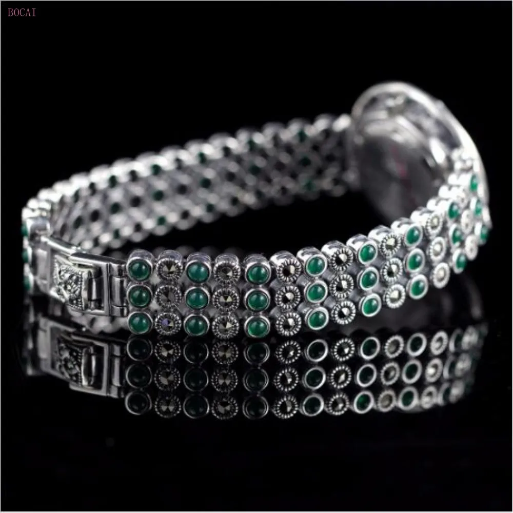 Серебро 925 S925 Стерлинговое серебро ювелирные изделия Taiyin женские ручной орнамент зеленый натуральный камень браслет часы для женщин Новинка