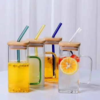 

350ML Creative Square Straw Mug Modern Fashion Juice Cup with Handle Bamboo Lid Cold Drink Mug Single Layer Glass Milk Cup