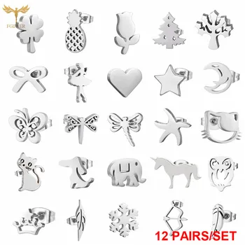 

Silver Color Star Moon Heart Clover Cat Dog Butterfly Pineapple Dragonfly Starfish Earrings Kids Girl Women Steel Stud Earring