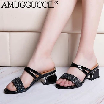 

2020 New Plus Big Size 33-43 Black Gold Bling Fashion Sexy Mid Heel Girl Female Ladies Women Summer Sandals Slippers L1017