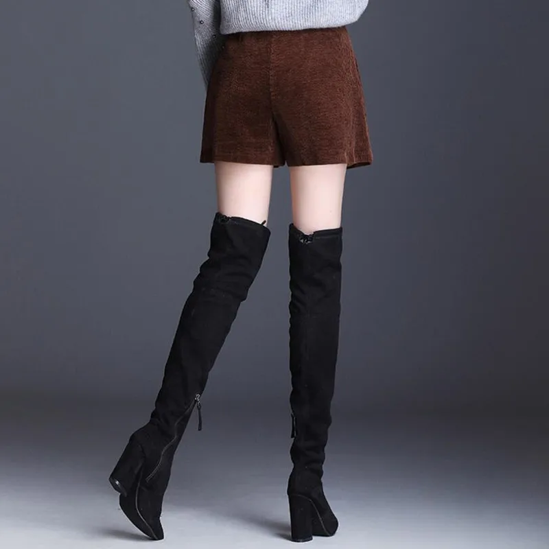 Женские осенне-зимние вельветовые шорты больших размеров женские повседневные шорты с высокой талией с эластичной талией широкие шорты для женщин S409