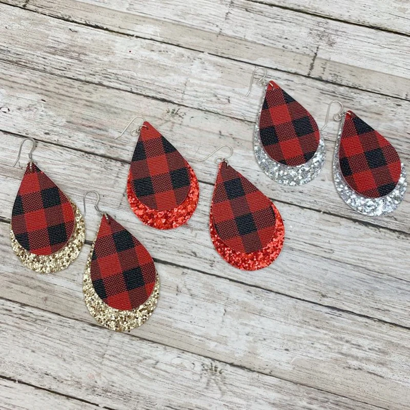 

We Can DIY Double Layer Glitter Leopard Faux Leather Teardrop Leaf Earrings Black And White Striped Layered Water Drop Earrings
