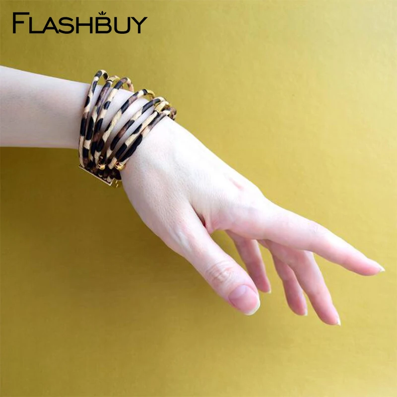 Flashbuy, многослойные леопардовые кожаные браслеты для женщин, женские винтажные браслеты в стиле бохо, очаровательные модные ювелирные аксессуары