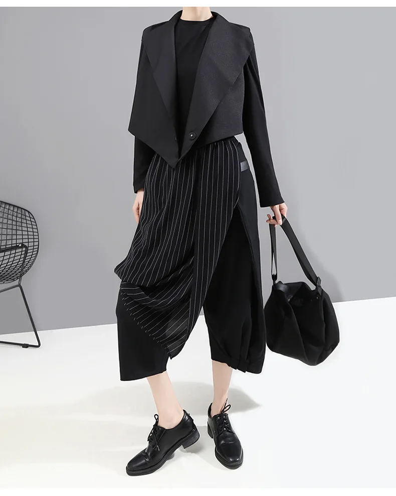 [EAM] High Elastic Waist Striped Black Asymmetric Trousers New Loose Fit Pants Women Fashion Tide Spring Autumn 1A933