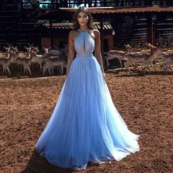 SoDigne Blue Halter Neck Glitter Evening Dress Aline Sexy Backless Party Formal Gowns Long Night Prom Dresses 2021
