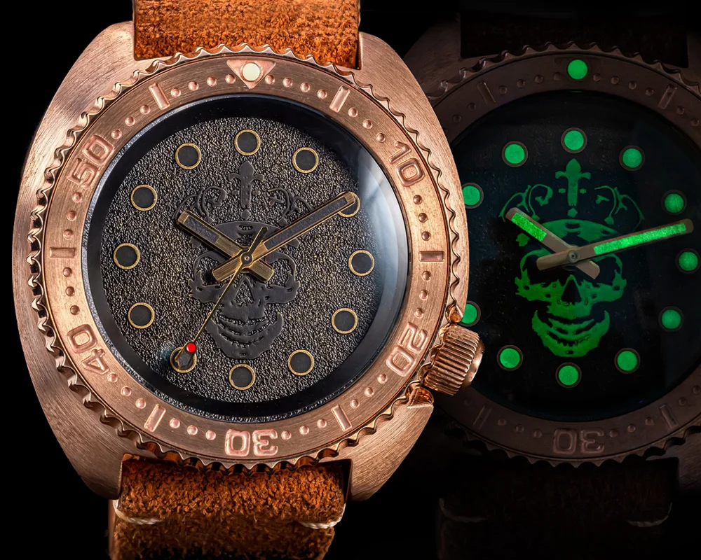 

Luxury Men's Diving Watch CuSn8 Bronze Case Skeleton C3 Luminous Dial Double ARC Sapphire Glass NH35 200M Mechanical Watches